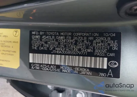 2005 Lexus Es 330 from USA, damaged, VIN JTHBA30G855079771